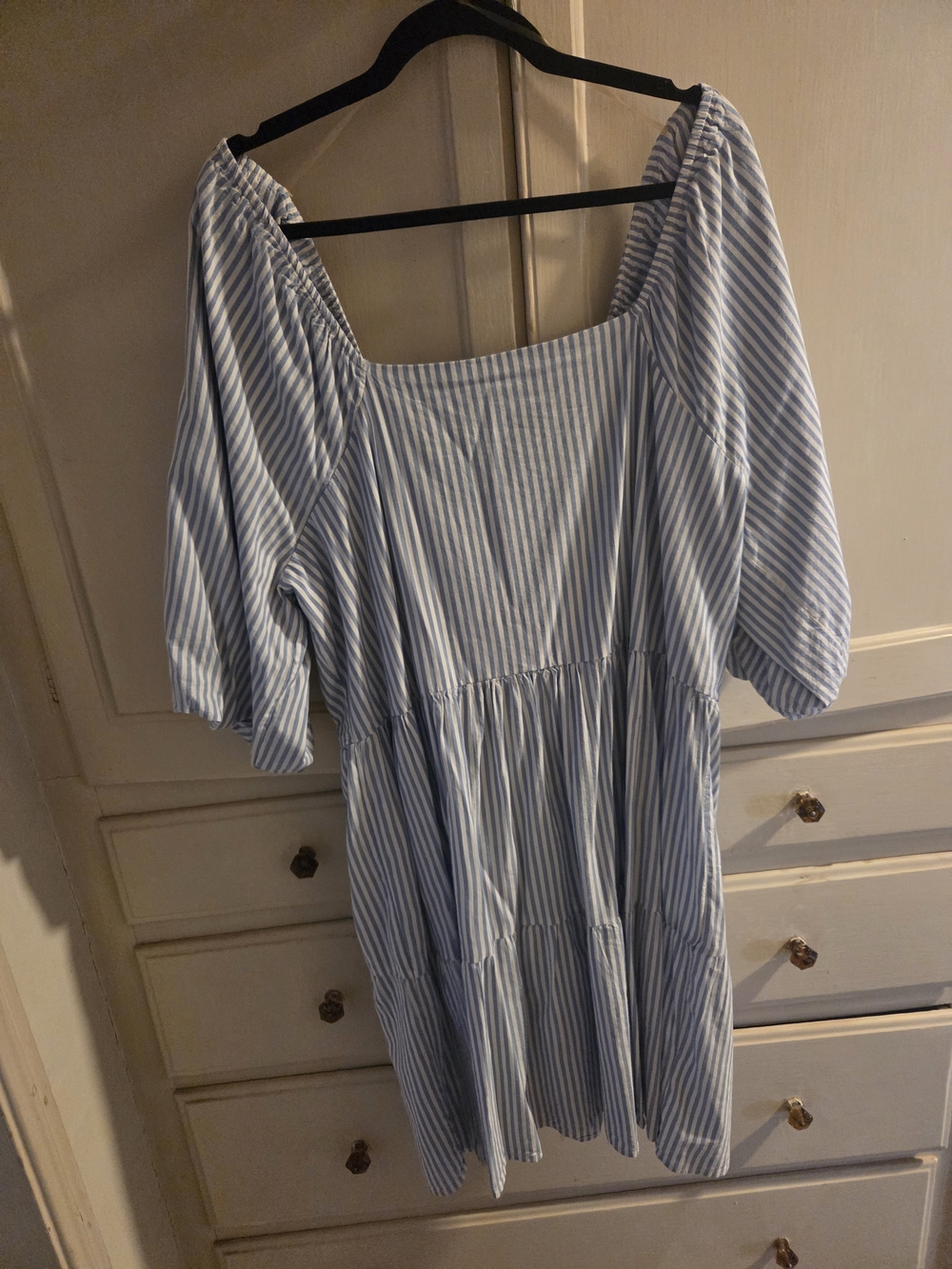 Square-Neck Tiered Midi Dress in Light Blue Stripe